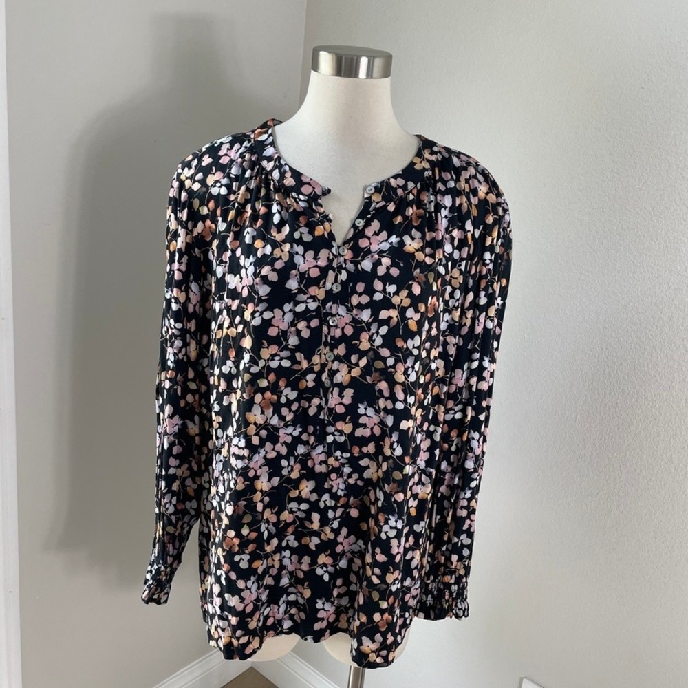 J Jill Womens XL Floral Ecovero‎ Viscose Blouse Pink Orange Black Button Front